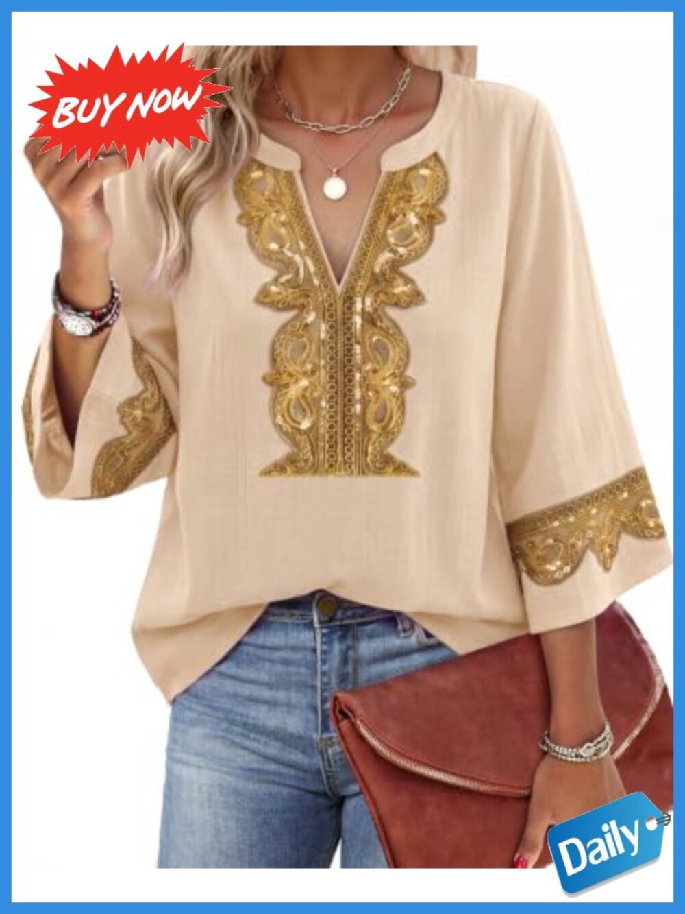 Womens 3/4 Sleeve Embroidered Lace V Neck Tunic Top Loose Fit Blouse